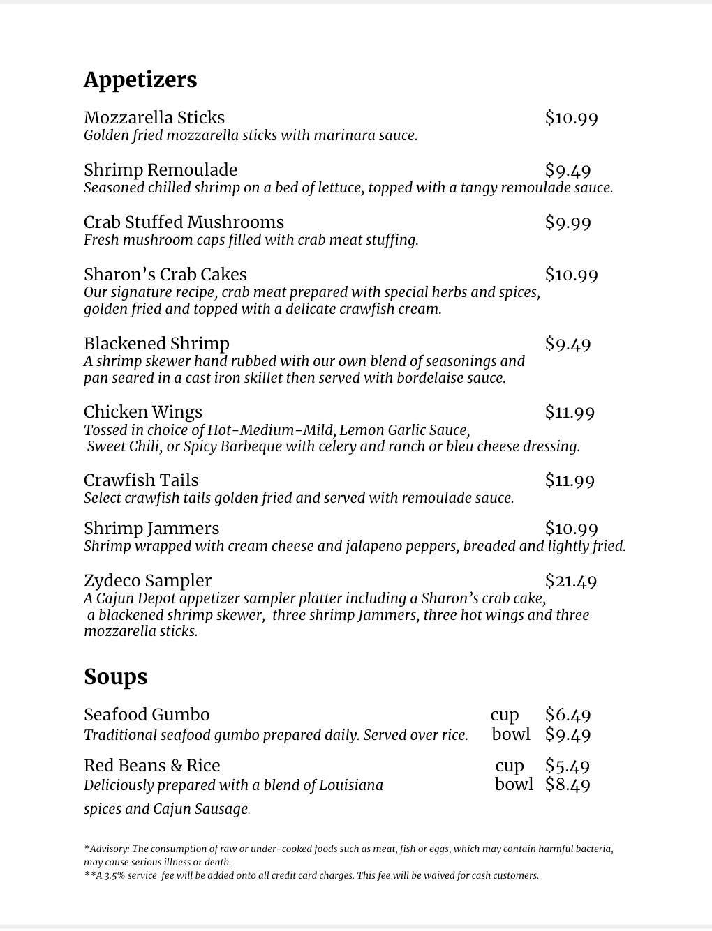 Menu at Cajun Depot Grill restaurant, Ellijay