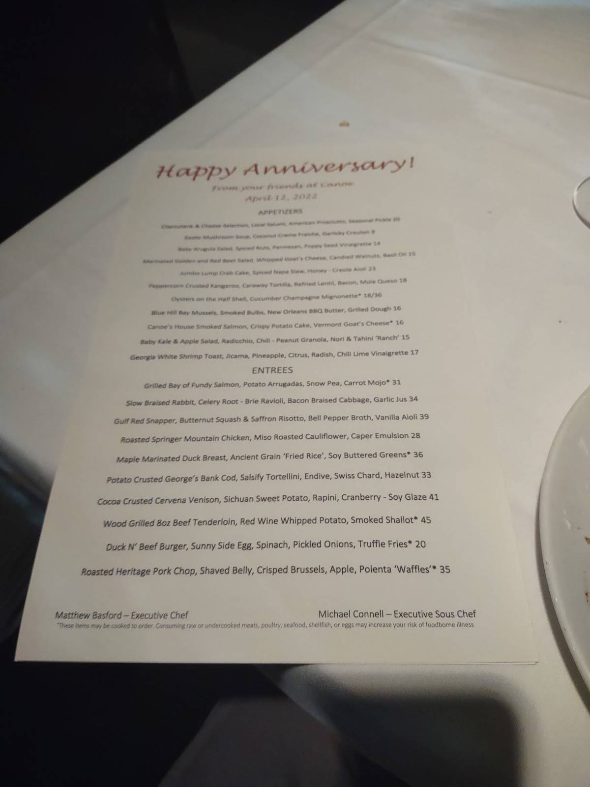 Menu at Canoe restaurant, Atlanta, Paces Ferry Rd SE
