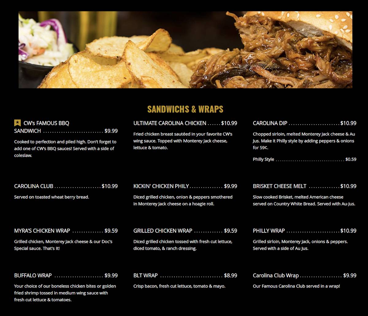 Menu at Carolina Wings & Rib House restaurant, Lexington, S Lake Dr