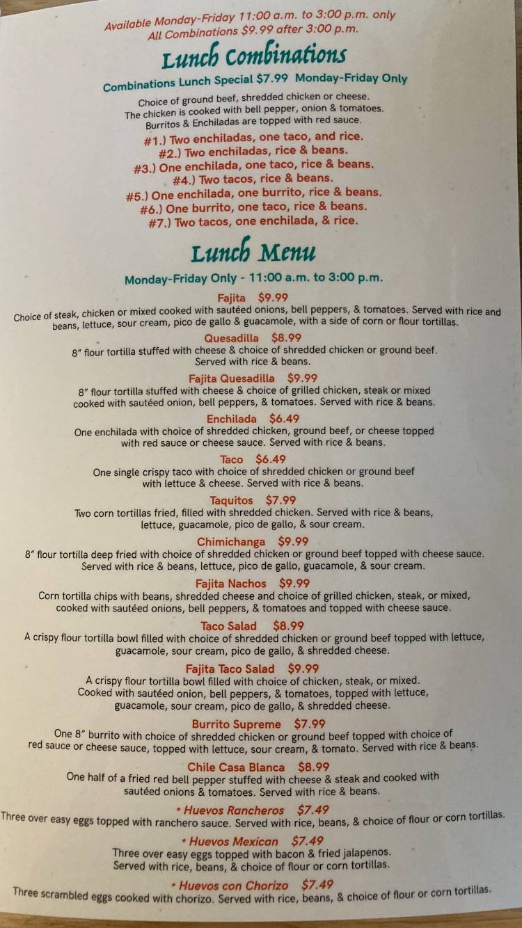 Menu at Casa Blanca Mexican Grill restaurant, Jonesboro