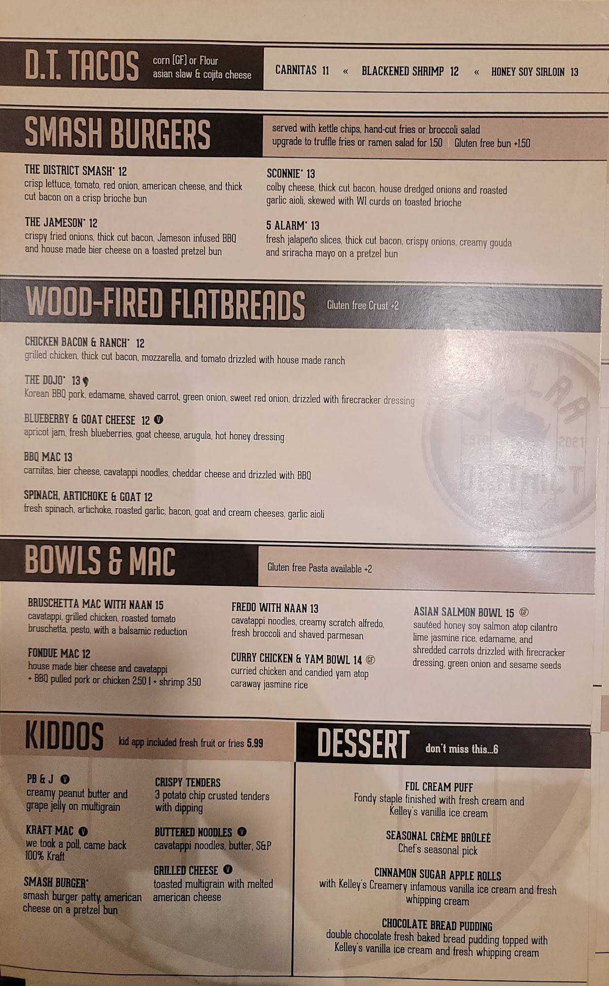 Menu at Cellar District restaurant, Fond du Lac