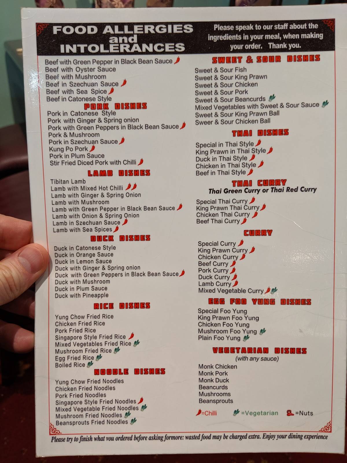 Menu at Chopsticks restaurant, Warwick