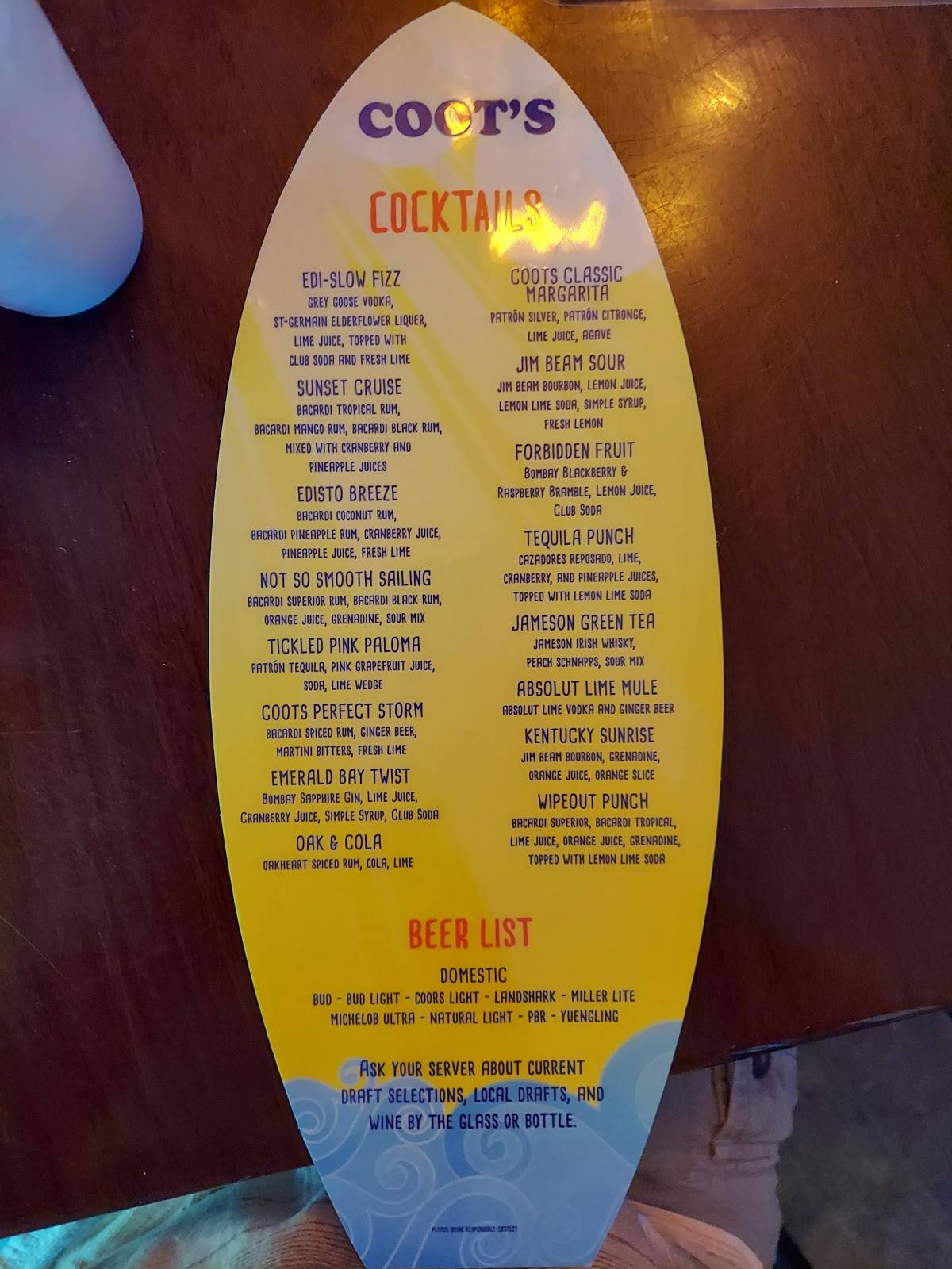 Menu at Coot's Bar & Grill, Edisto Island