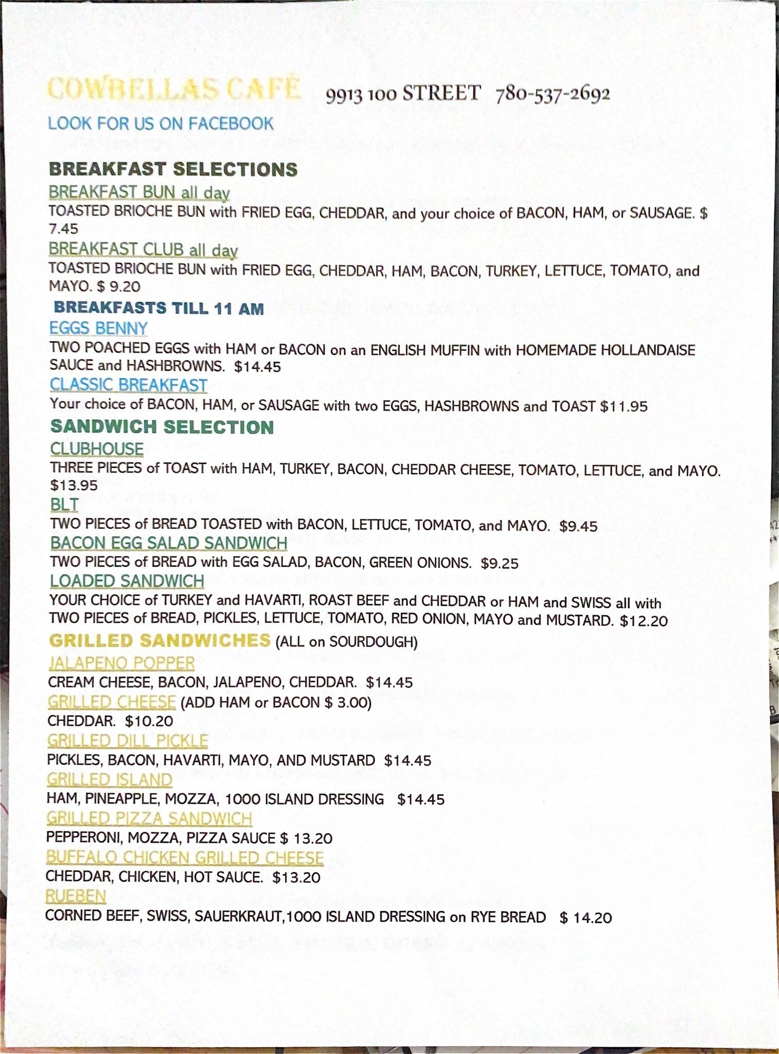 Menu at Cowbellas Cafe, Sexsmith