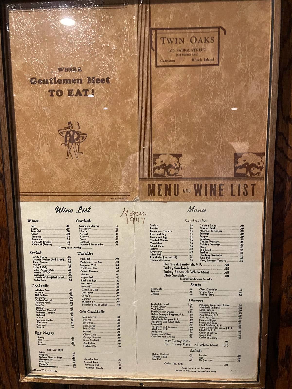 Menu at Twin Oaks Restaurant, Cranston