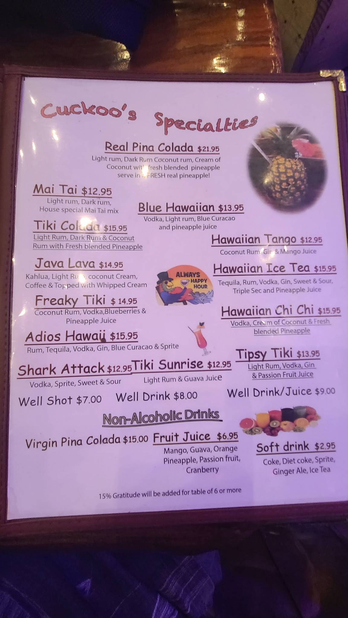 Menu at Cuckoo Coconuts pub & bar, Honolulu