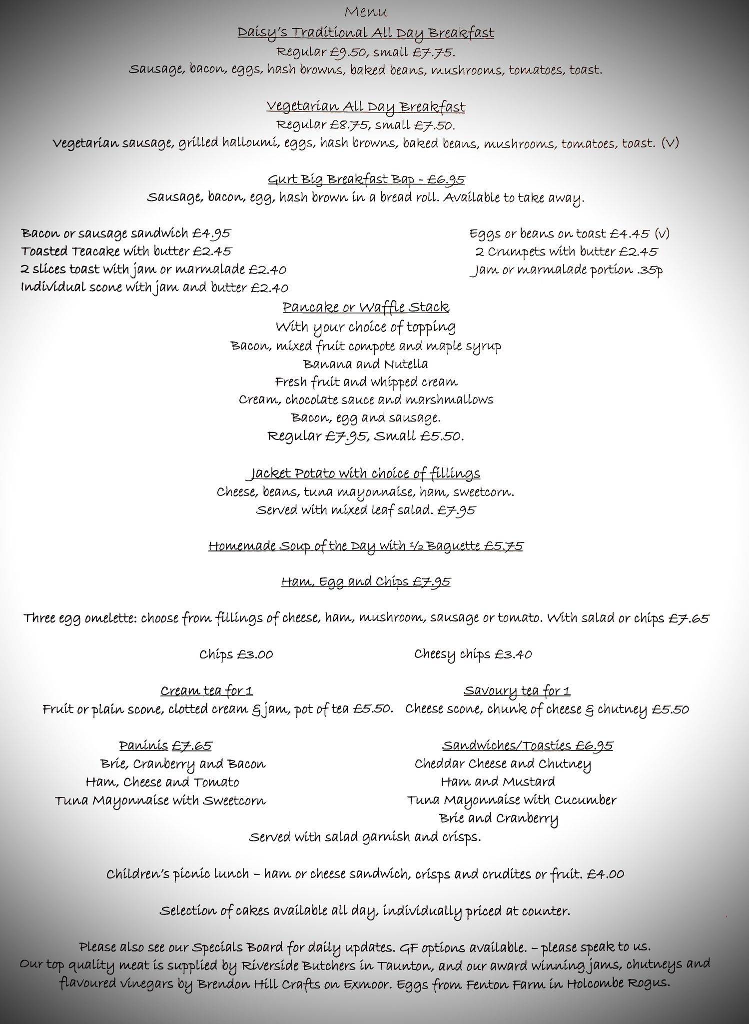 Menu at Daisy’s Tea Room cafe, Taunton