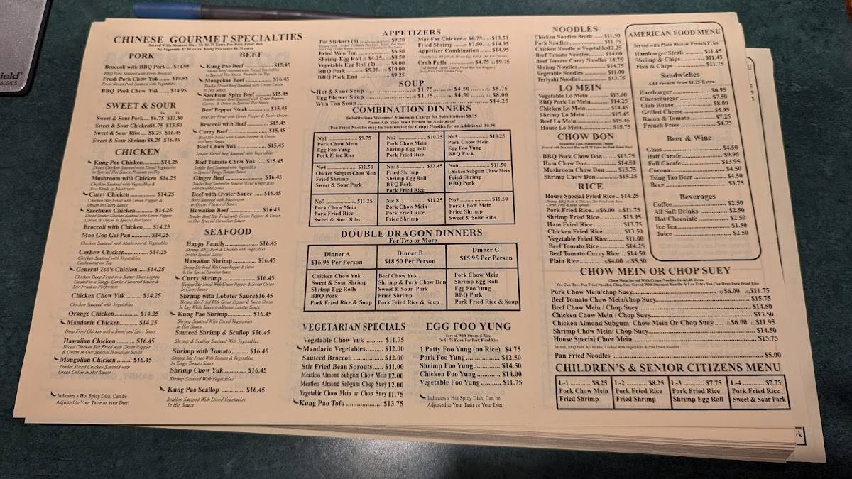 Menu at Double Dragon restaurant, Sandy