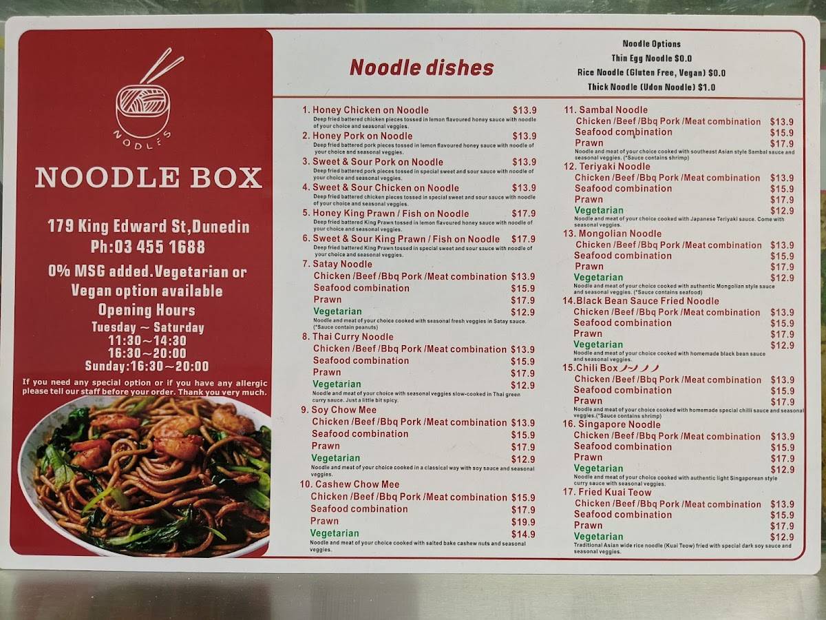 Menu at Noodle Box restaurant, Dunedin, 179 King Edward St