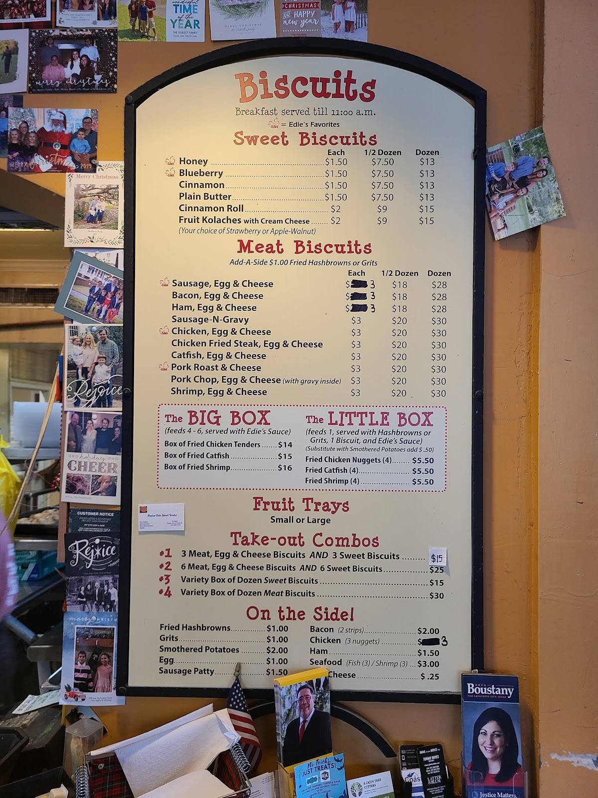 Menu at Edie's Biscuits restaurant, Lafayette, W Pinhook Rd