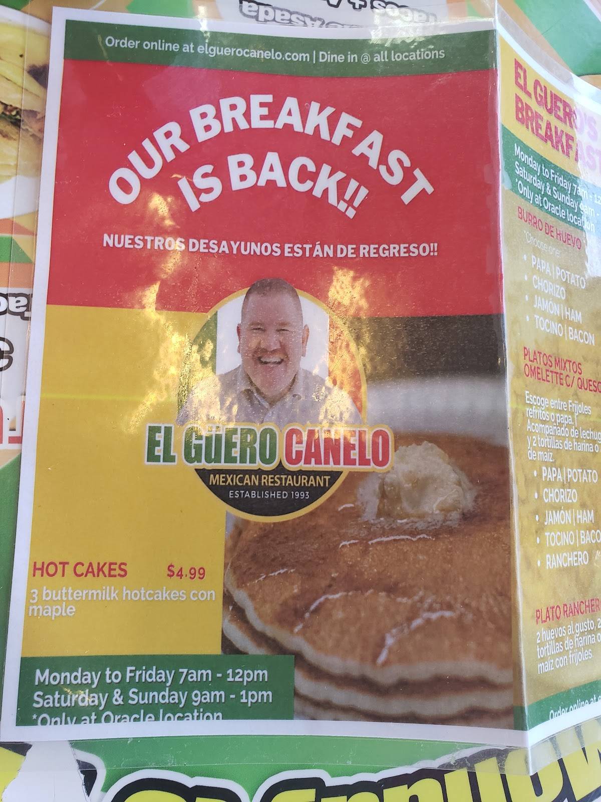Menu at El Güero Canelo Restaurant, Tucson, N Oracle Rd