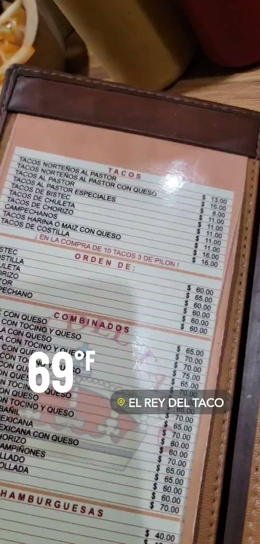 Carta del restaurante El Rey del Taco, Morelia, Av Siervo del La Nacion 89