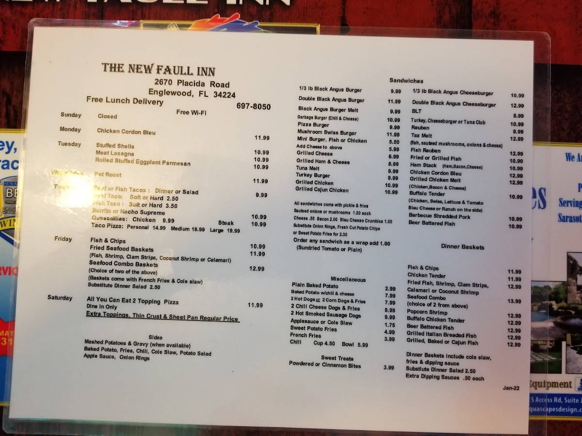 Menu at The New Faull Inn pizzeria, Englewood