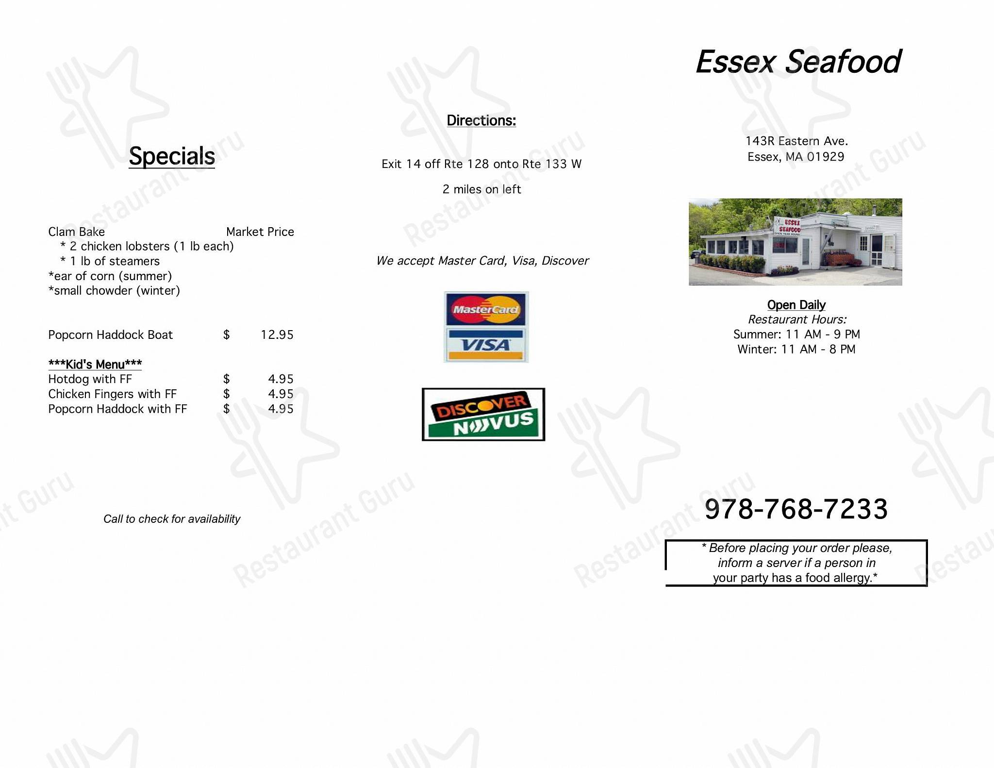 Menu at Essex Seafood restaurant, Essex
