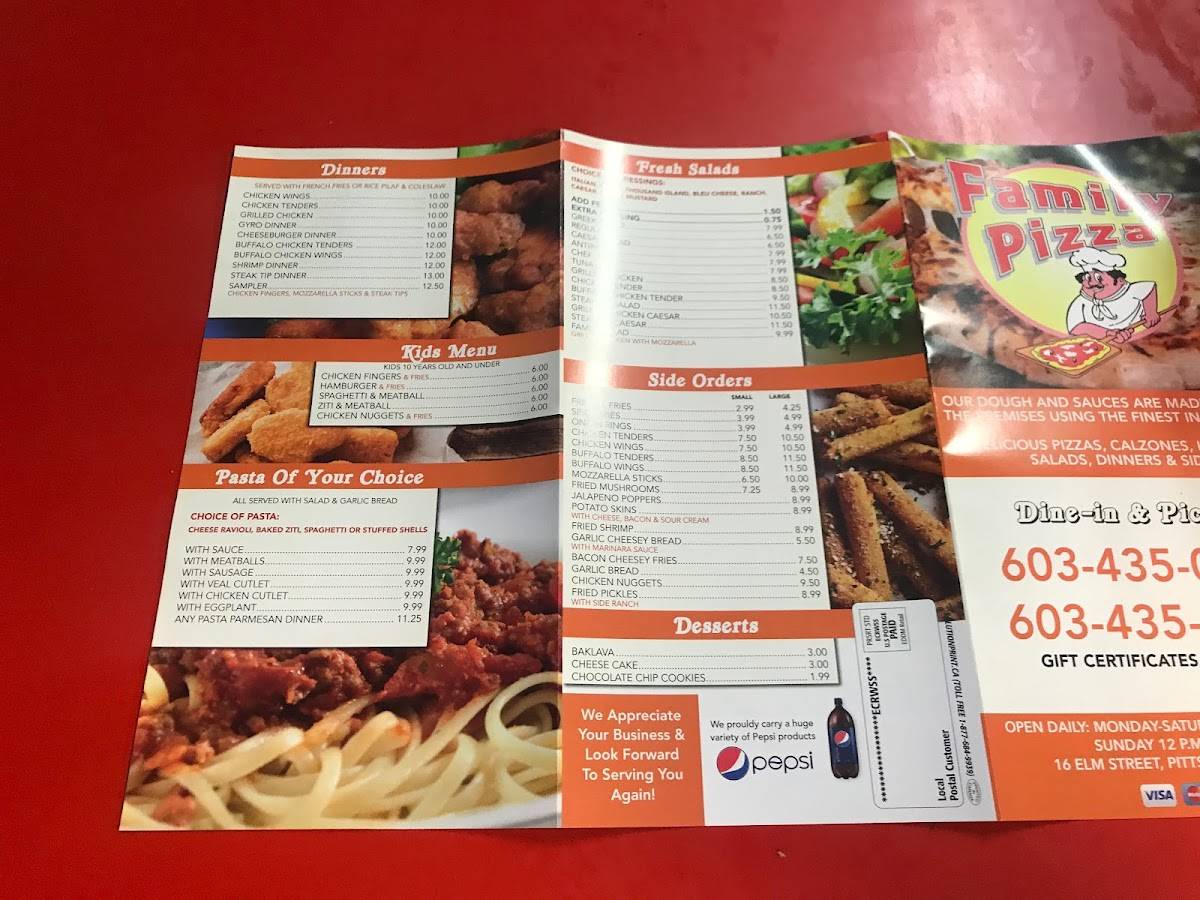 Menu at Family Pizza restaurant, Pittsfield
