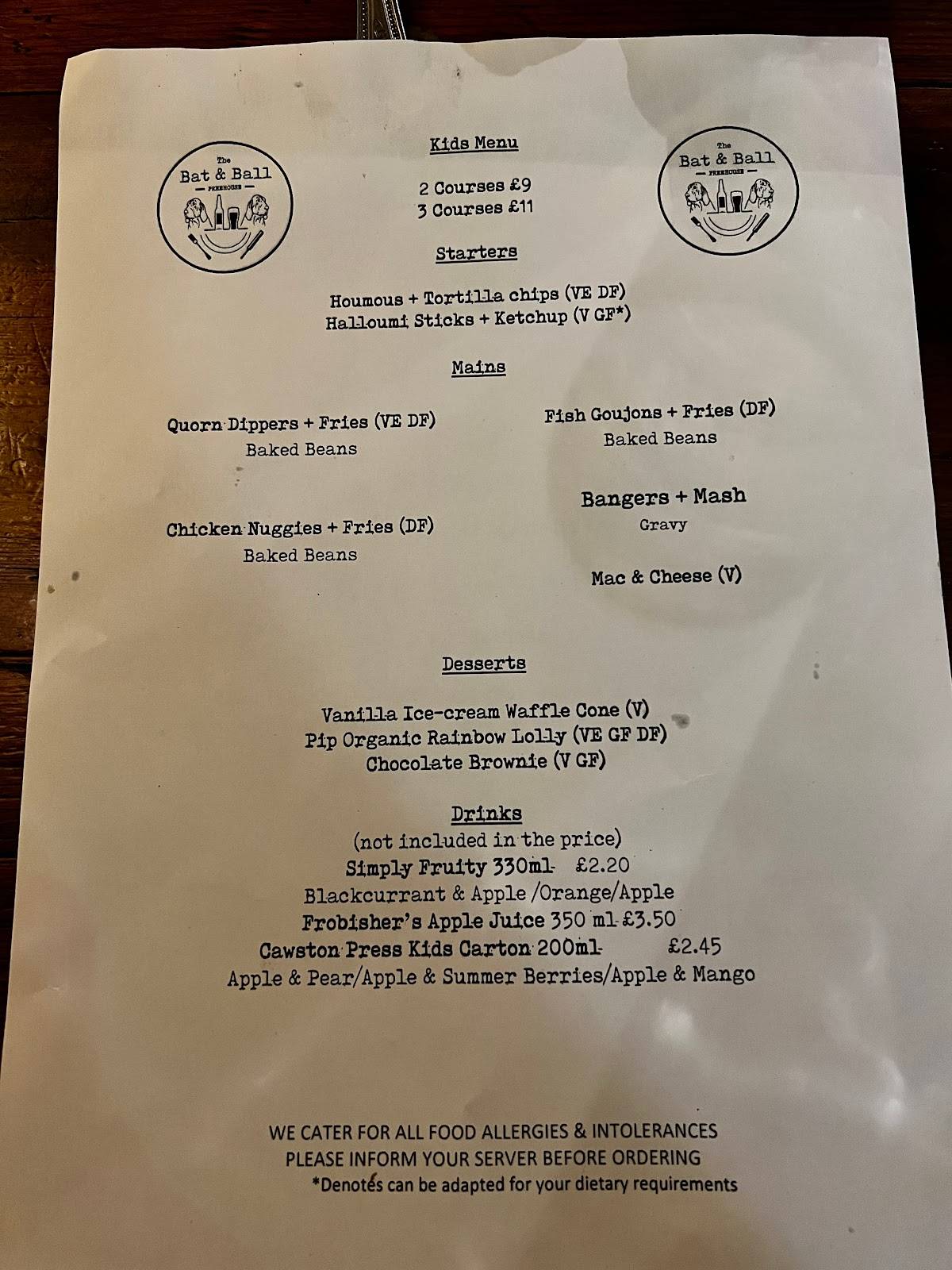 Menu at The Bat & Ball Freehouse pub & bar, Farnham