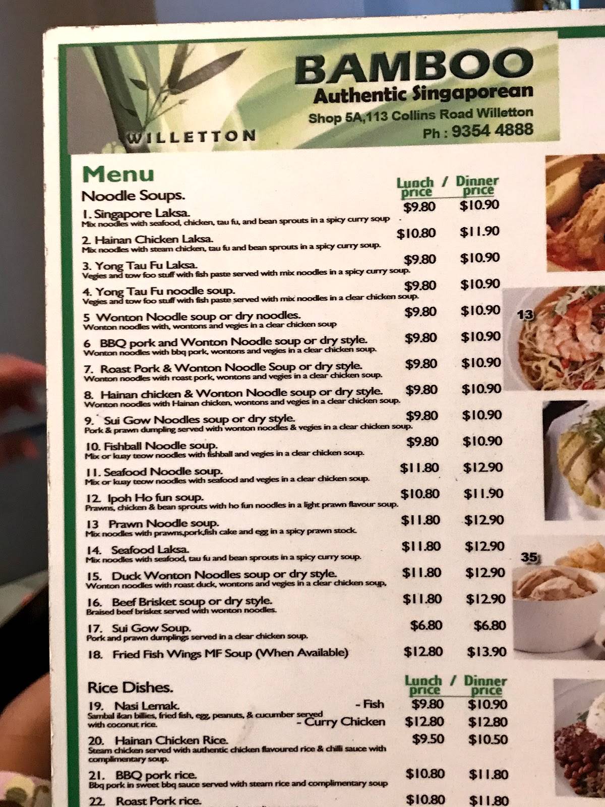 Menu at Bamboo Authentic Singaporean fast food, Willetton