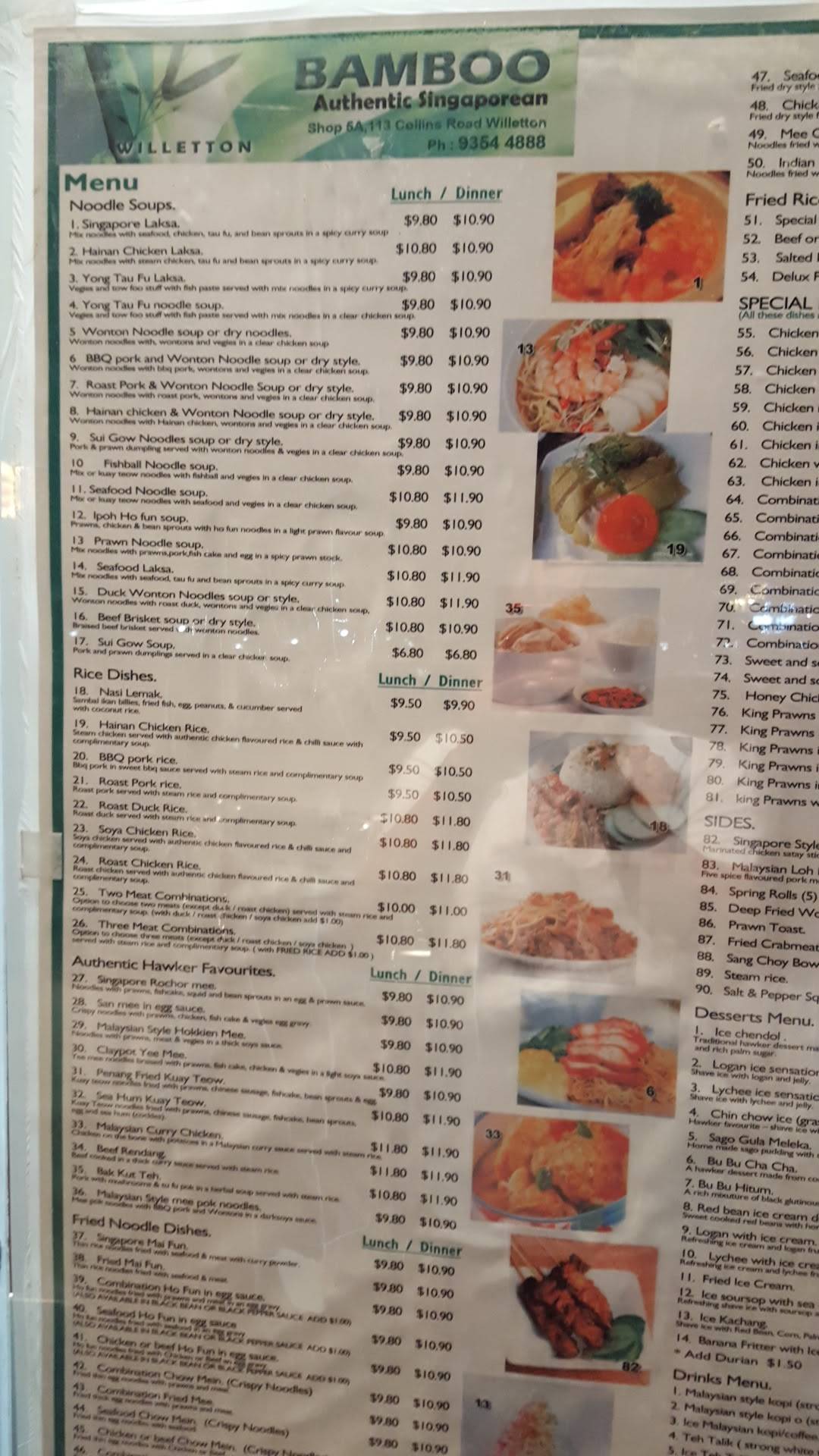 Menu at Bamboo Authentic Singaporean fast food, Willetton
