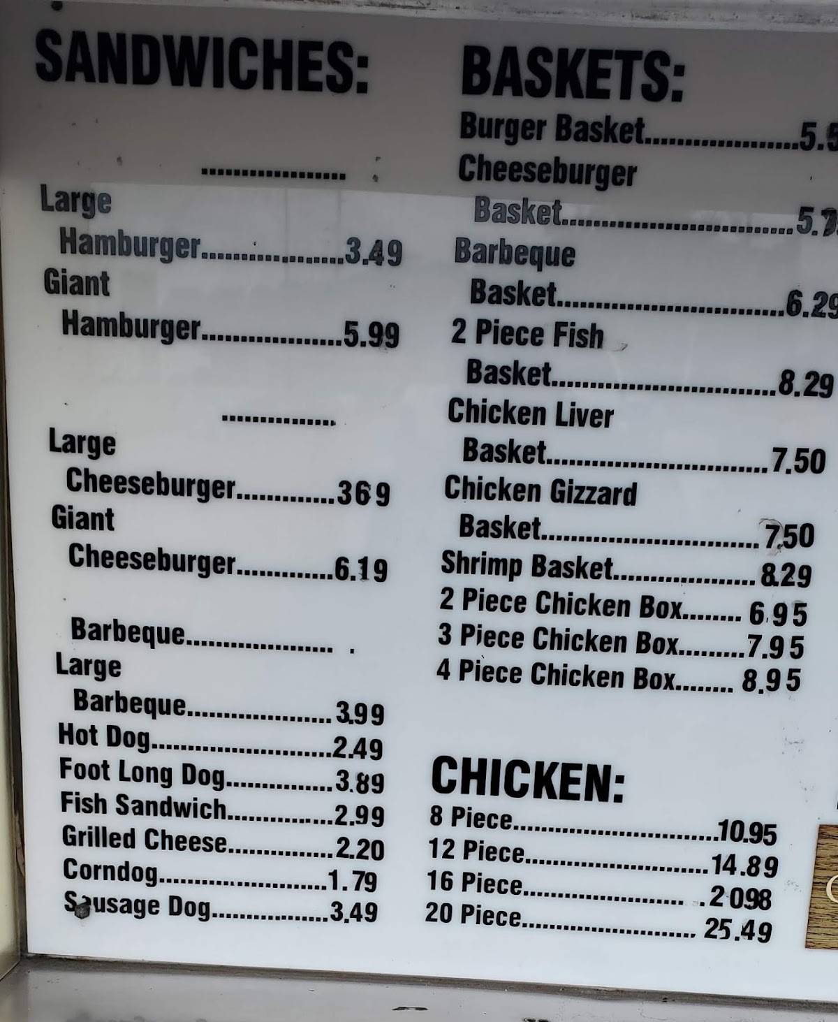 Menu at Biddie Banquet fast food, Orangeburg