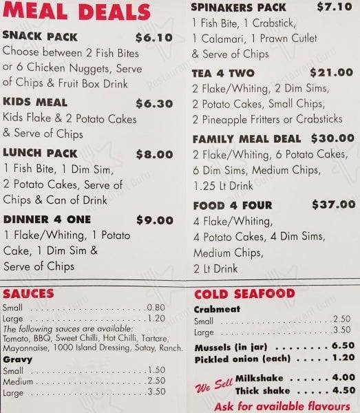 Menu at Spinakers Fish & Chips fast food, Yarra Junction