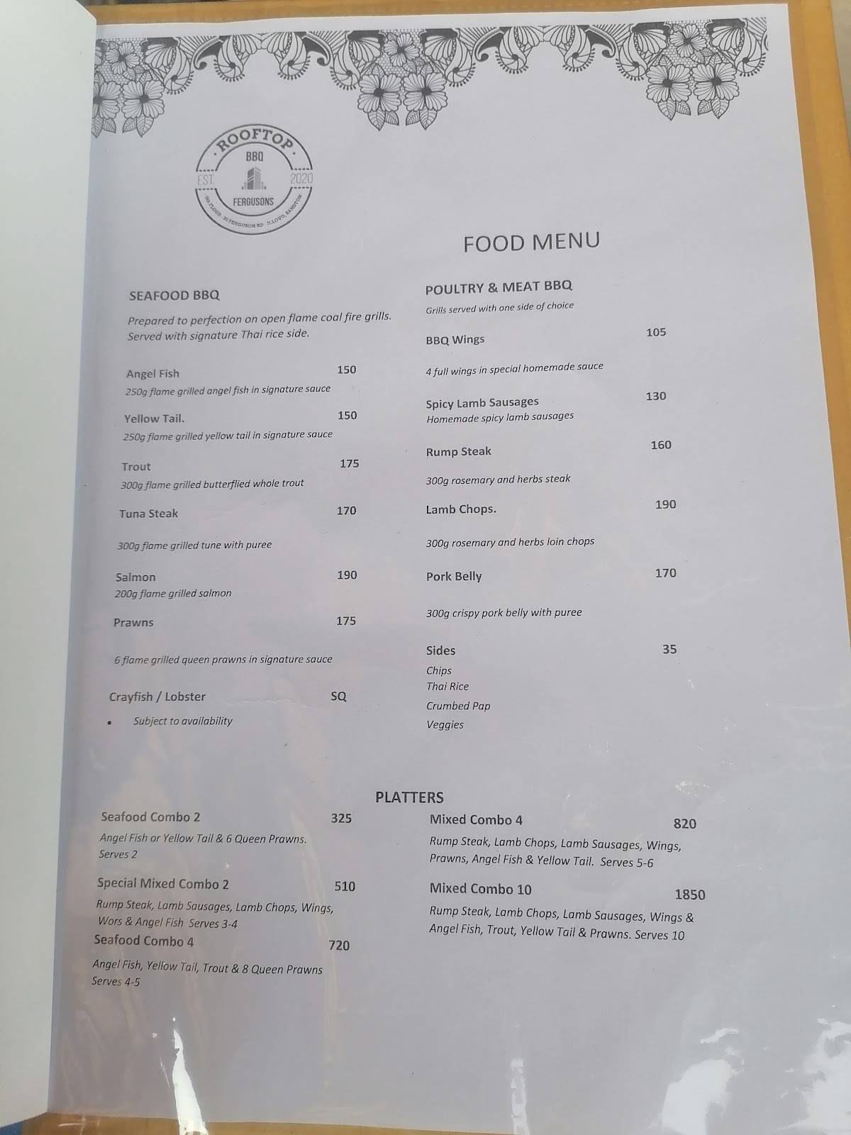 Menu at Ferguson's 5th Floor restaurant, Sandton