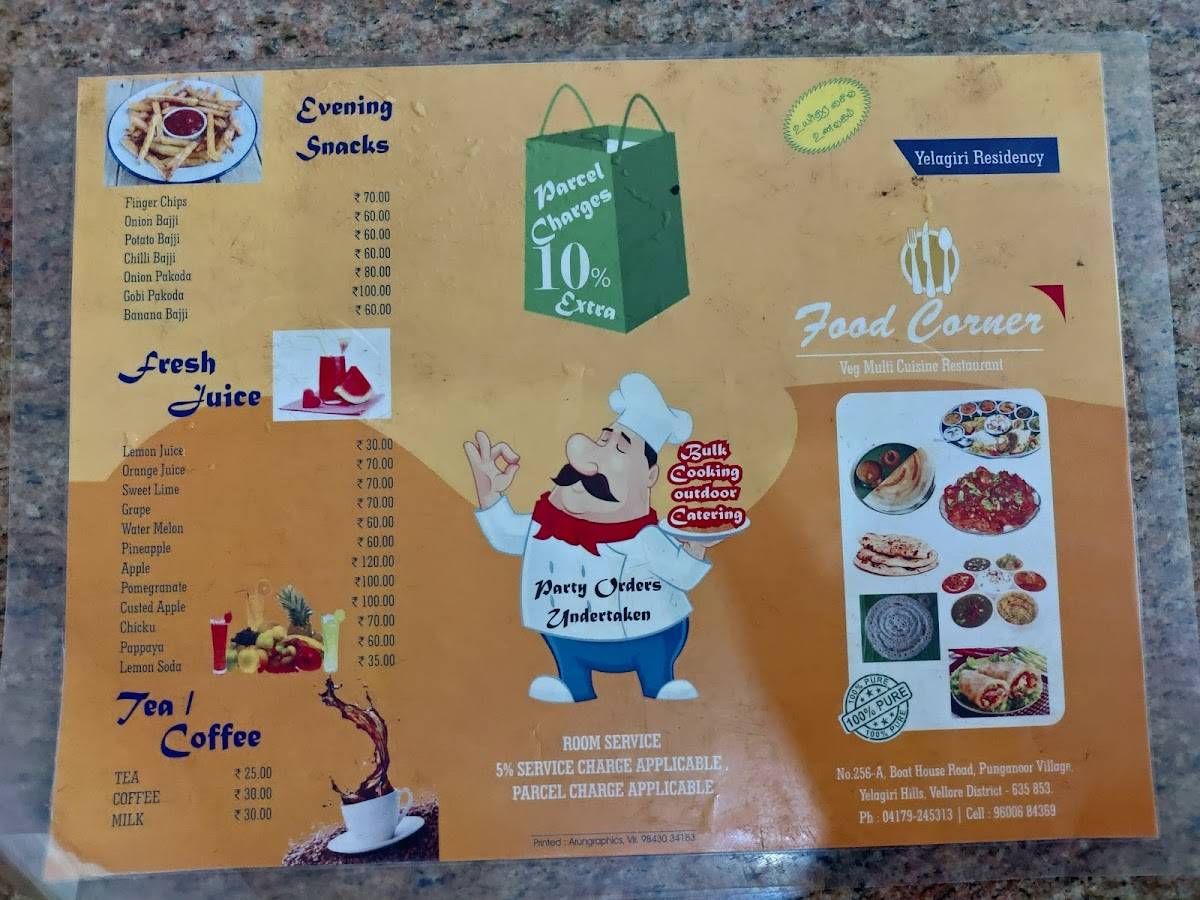 Menu at Food Corner pure veg restaurant, Yelagiri