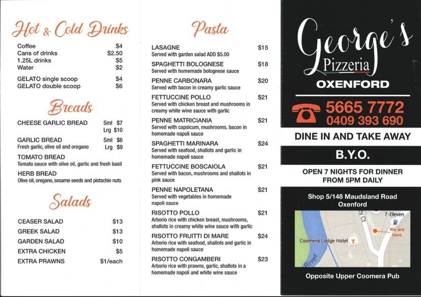 Menu at George's Pizzeria MAUDSLAND, Oxenford, 5/148 Maudsland Rd