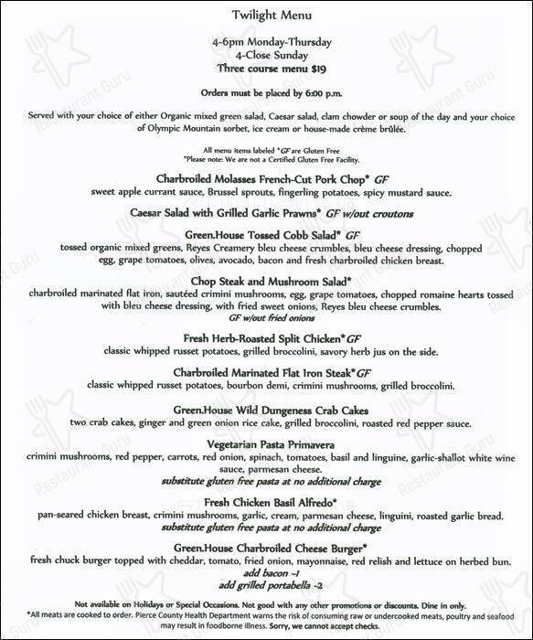 Menu at Greenhouse Restaurant, Gig Harbor