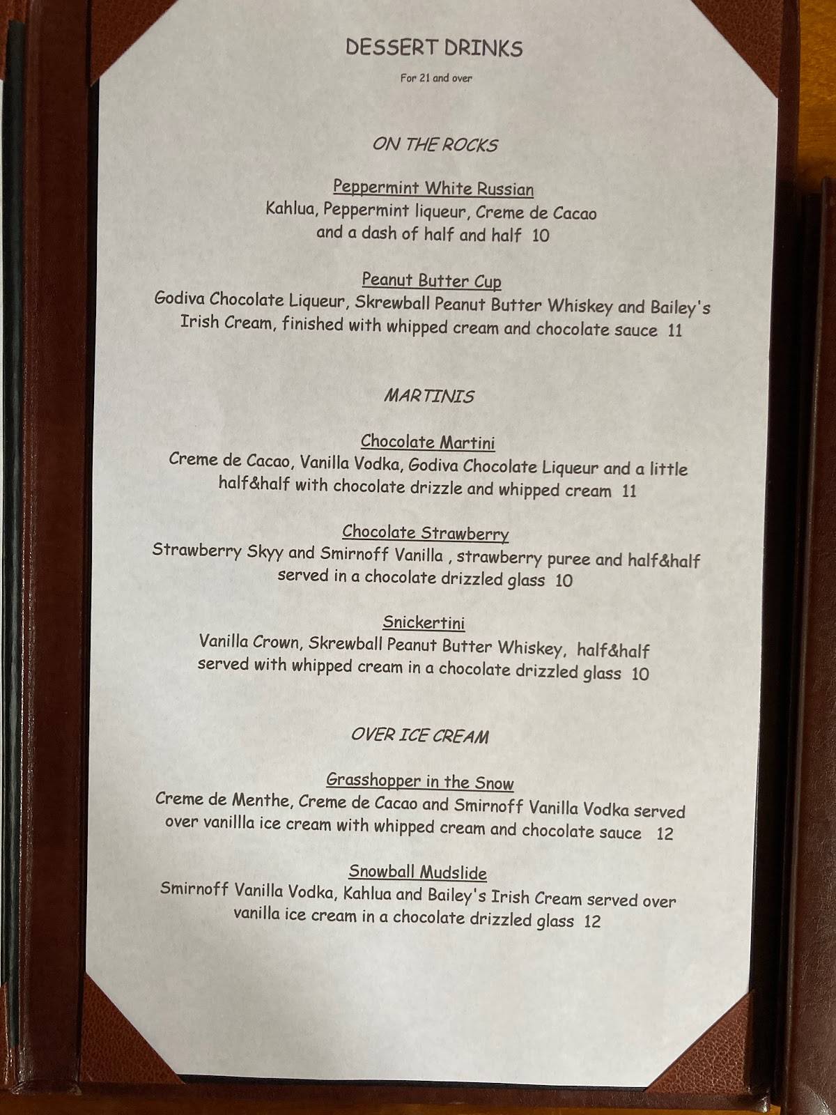 Menu at Spinner's steakhouse, Gold Beach