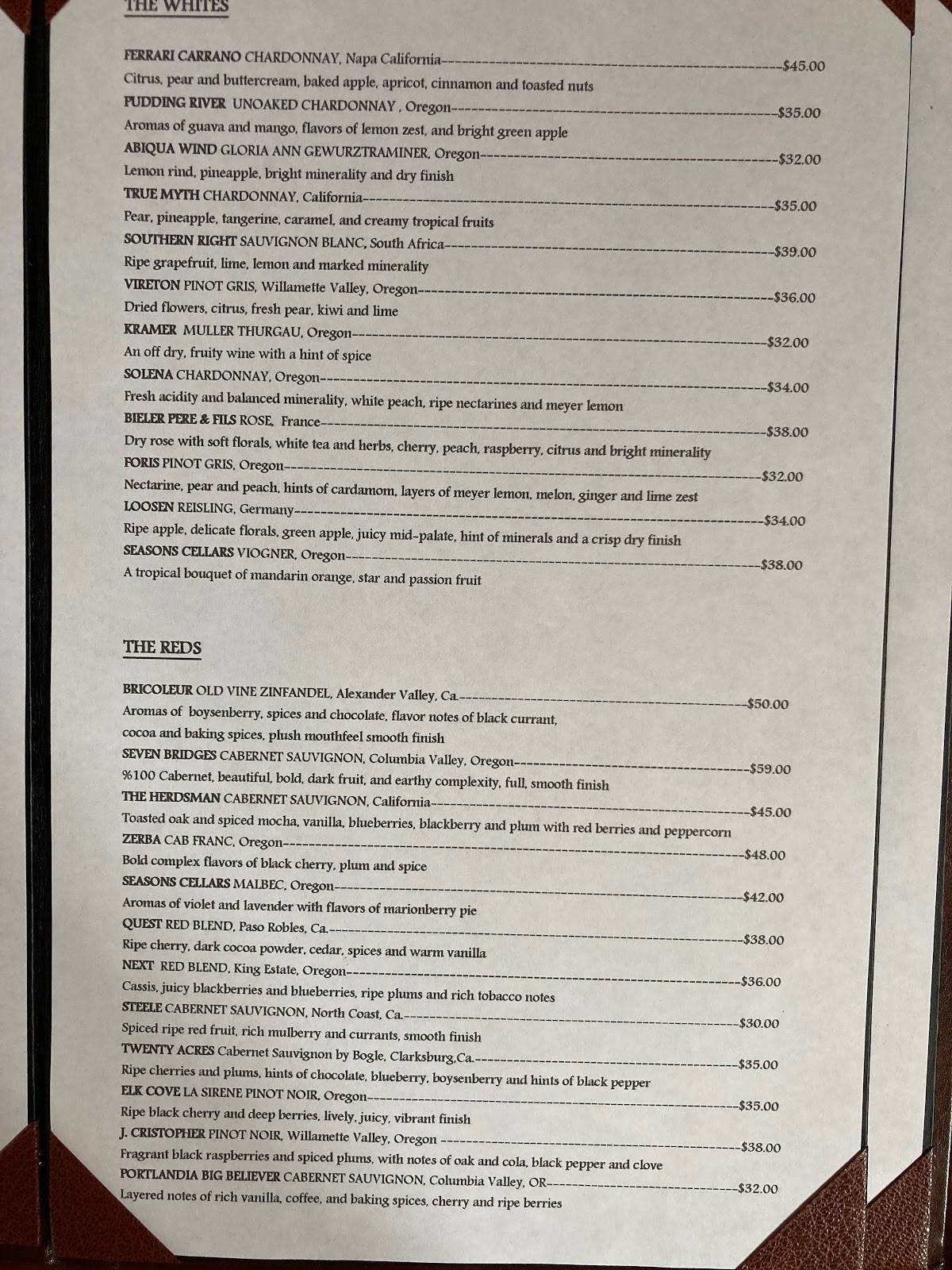 Menu at Spinner's steakhouse, Gold Beach