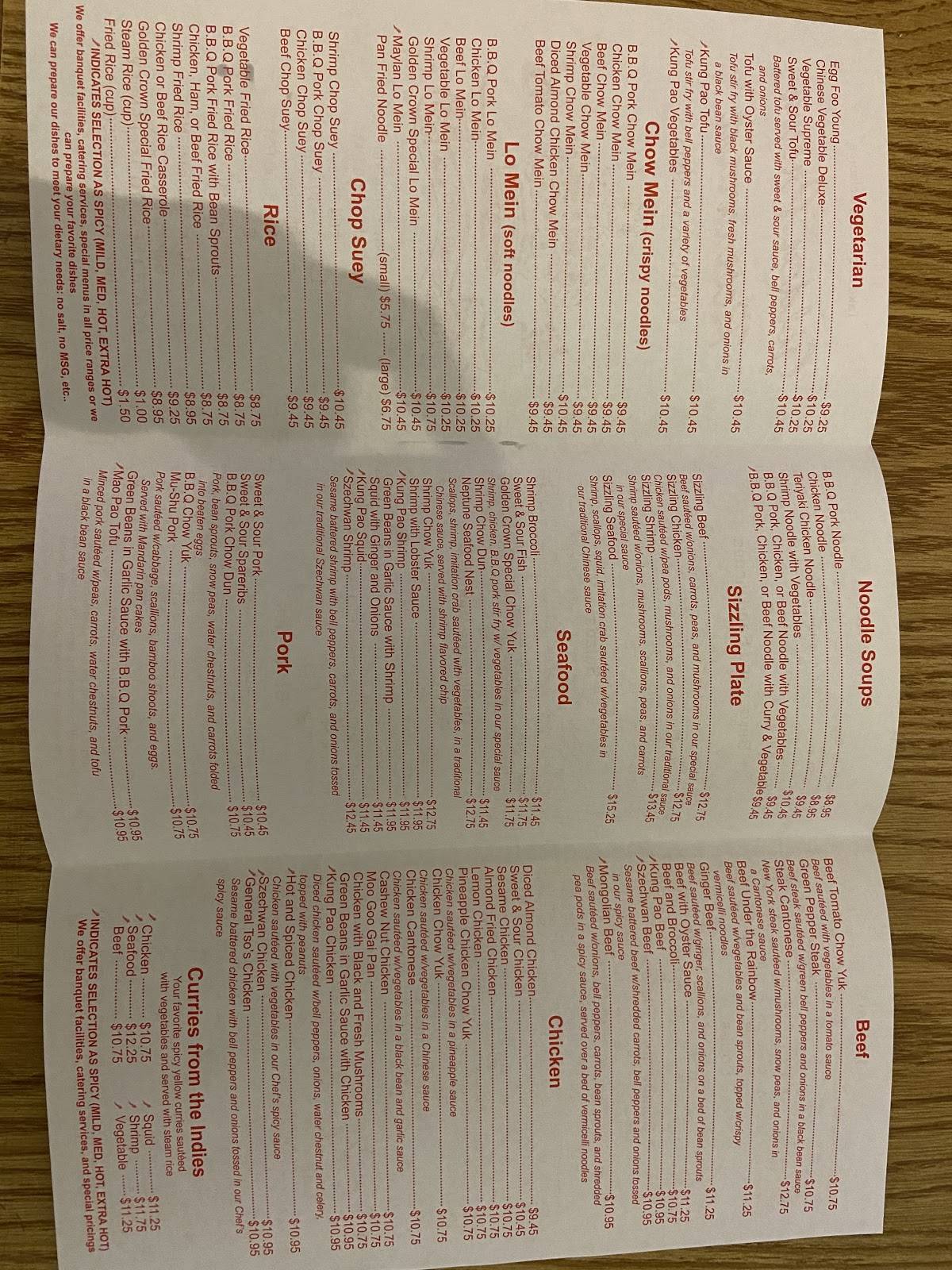 Menu at Golden Crown Restaurant, Salem