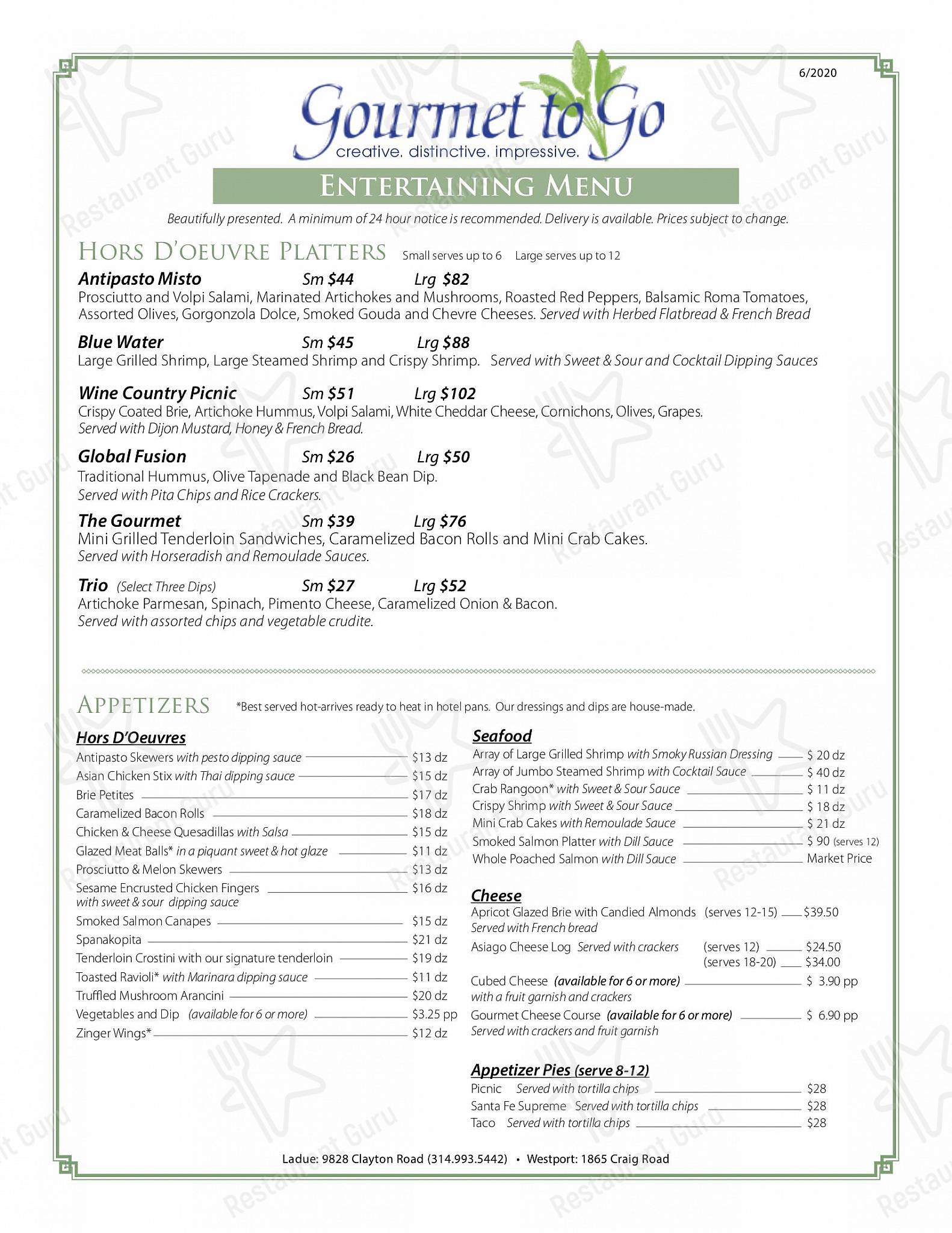 Menu at Gourmet to Go restaurant, Ladue, Clayton Rd