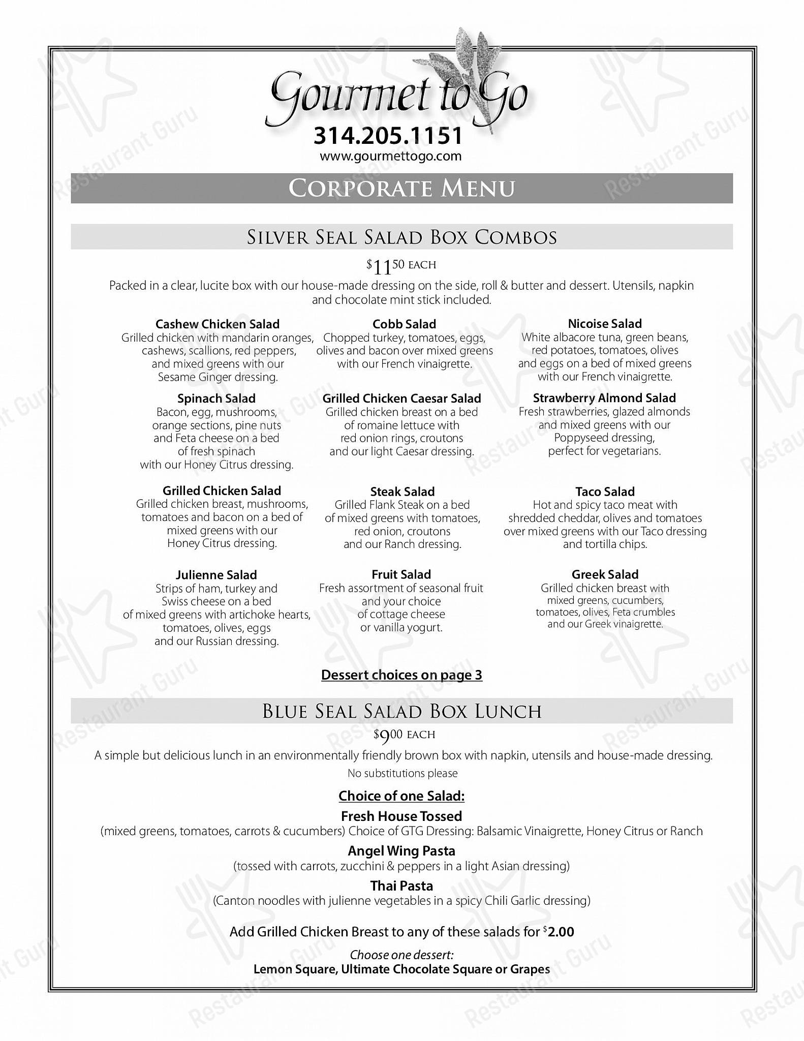 Menu at Gourmet to Go restaurant, Ladue, Clayton Rd