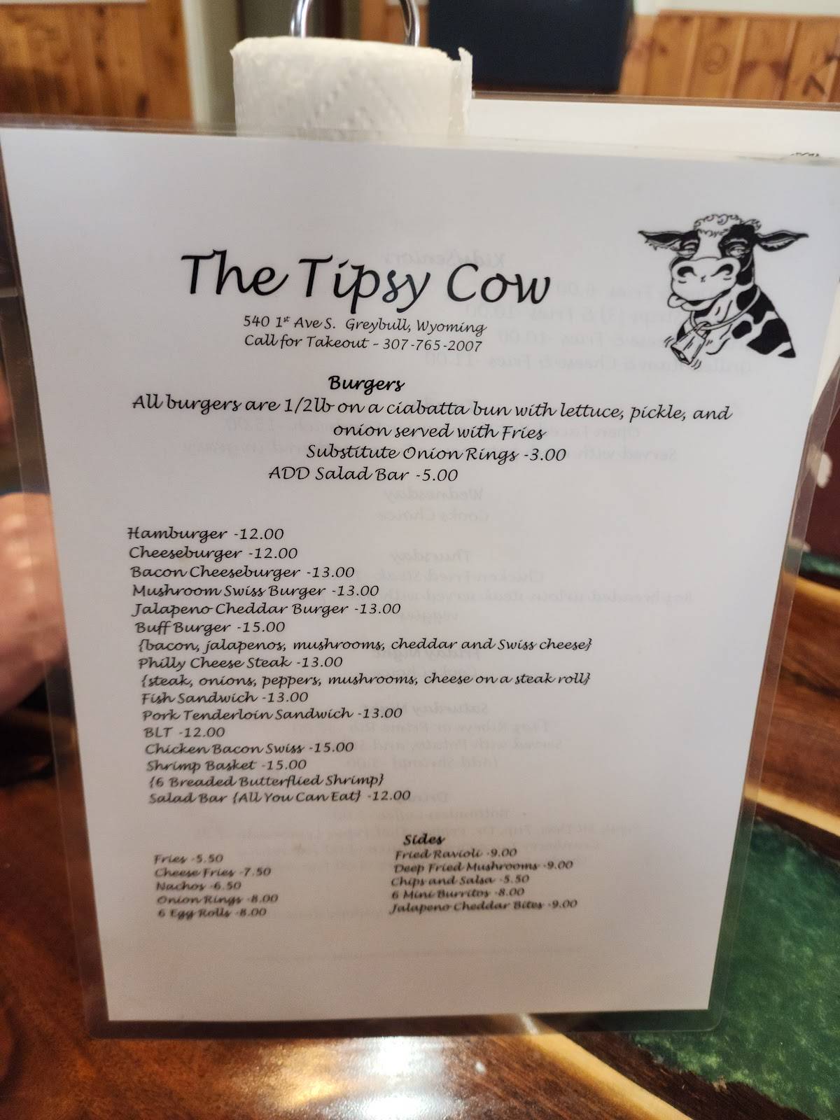 Menu At The Tipsy Cow Pub And Bar Greybull