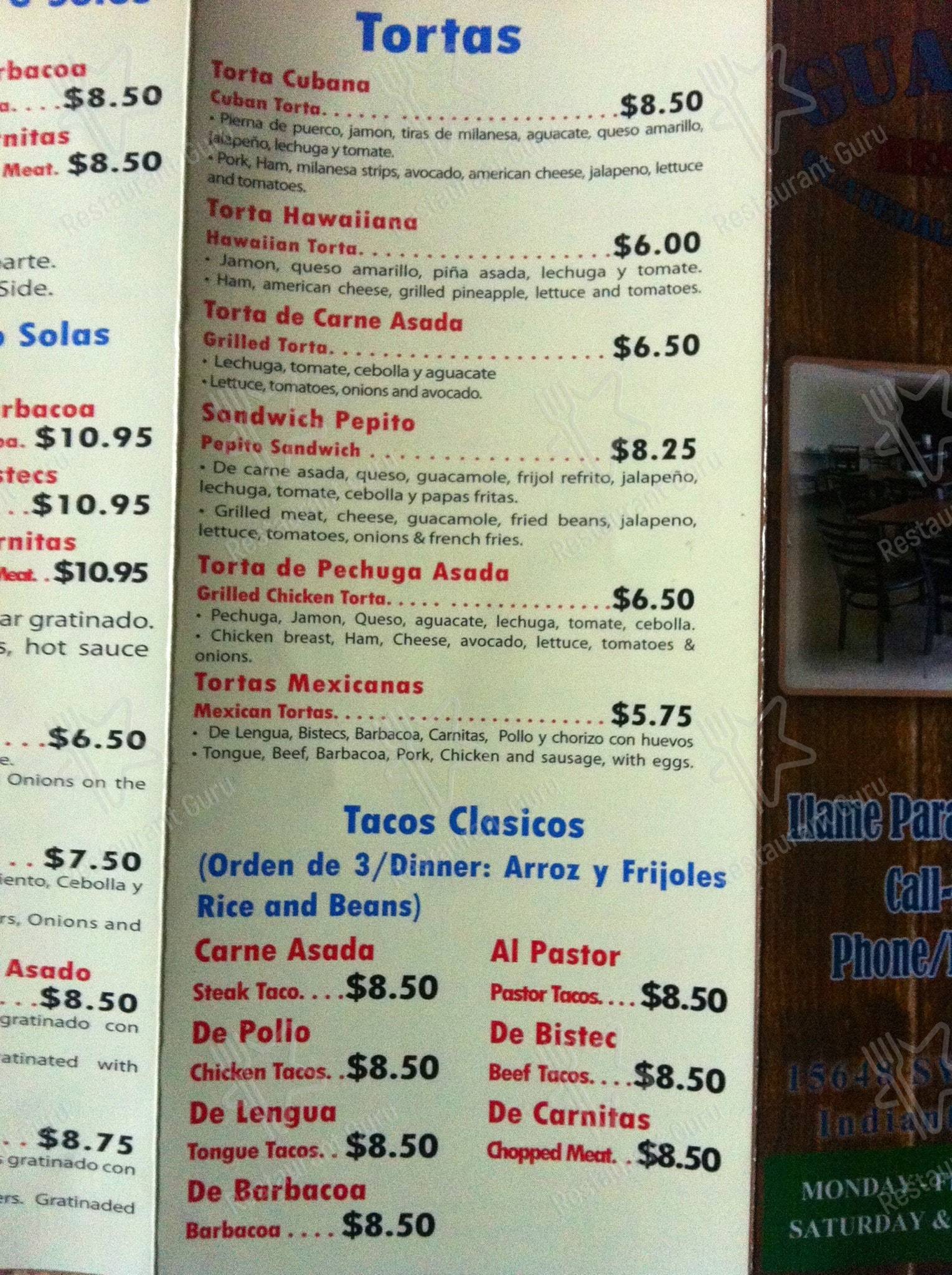 Guatemex Restaurant menu