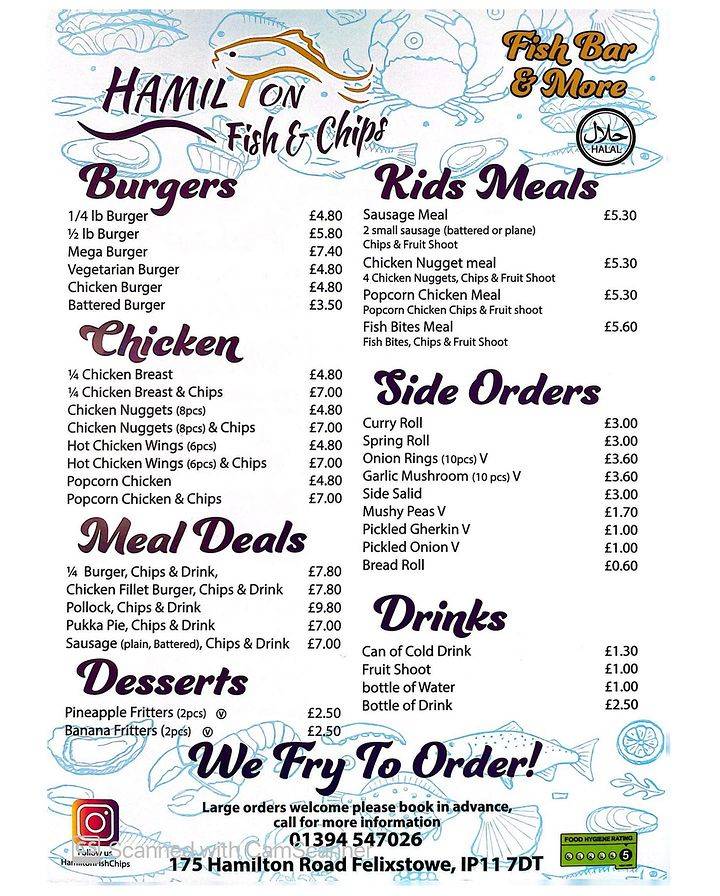 Menu at Hamilton Fish & Chips fast food, Felixstowe