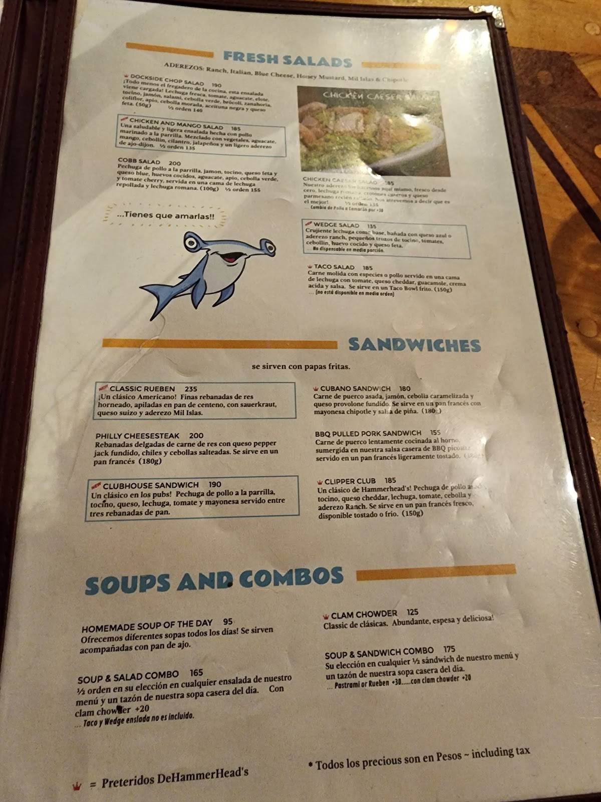 Menu at Hammerhead's pub & bar, San Carlos