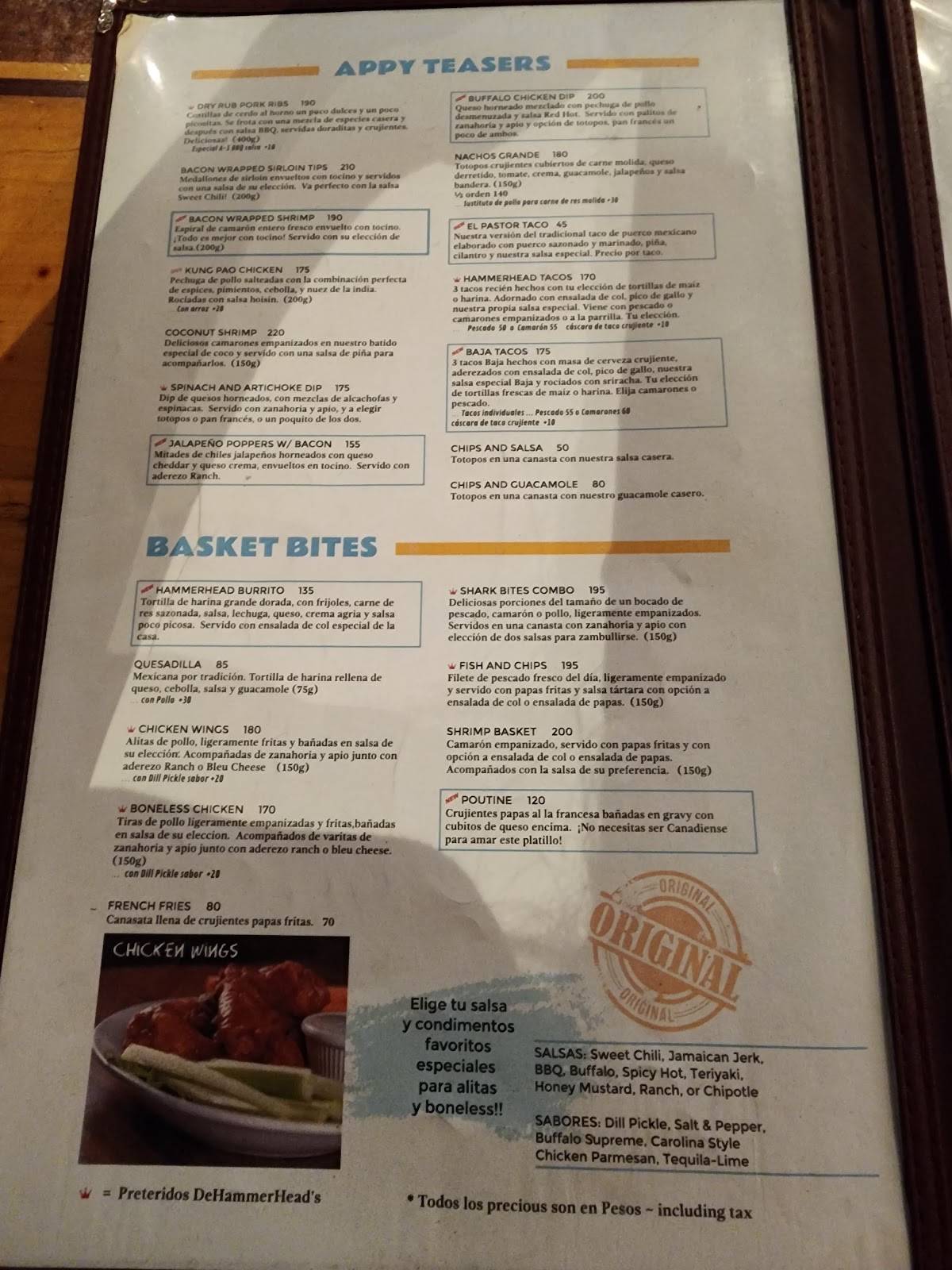 Menu at Hammerhead's pub & bar, San Carlos