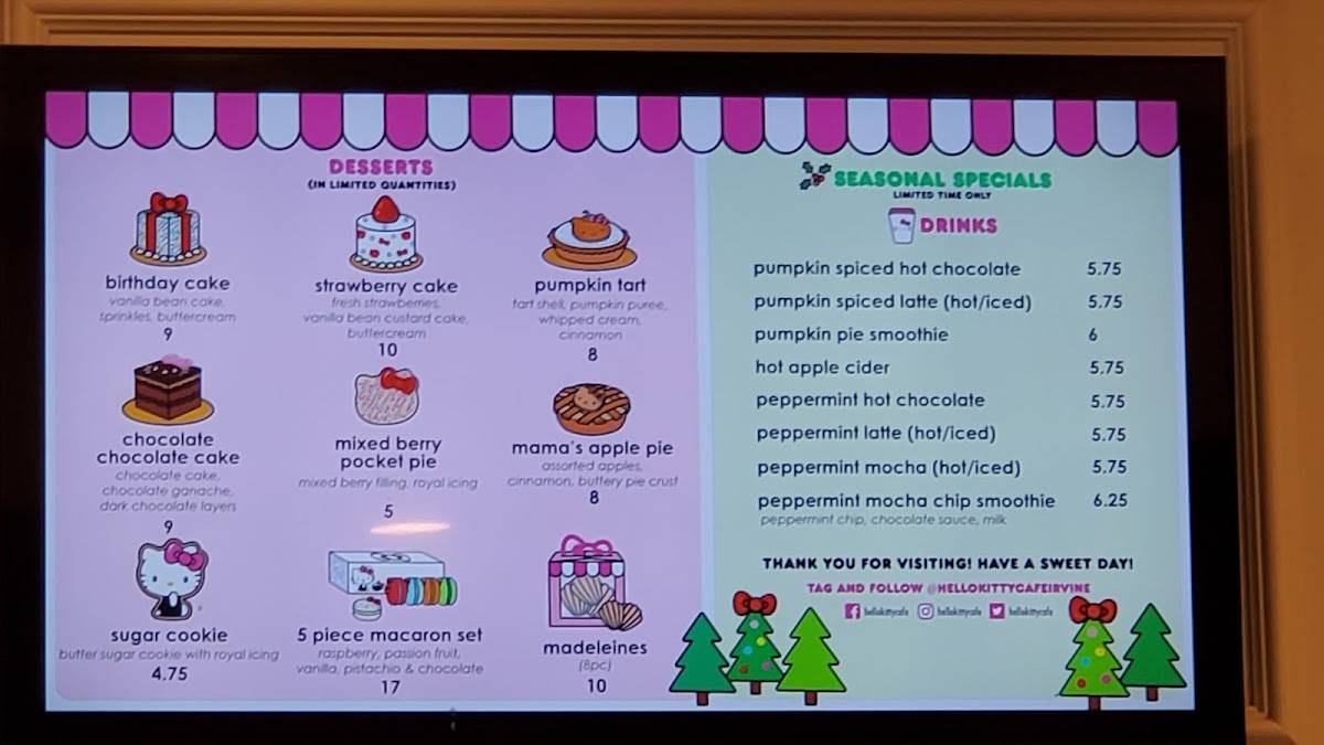 Меню кафе Hello Kitty Café, Ирвайн