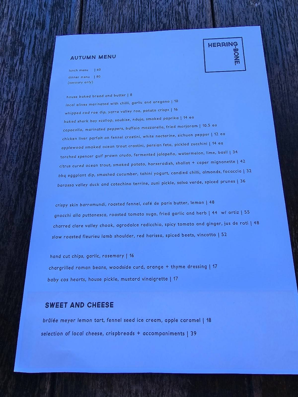 Menu at Herringbone Restaurant, Adelaide