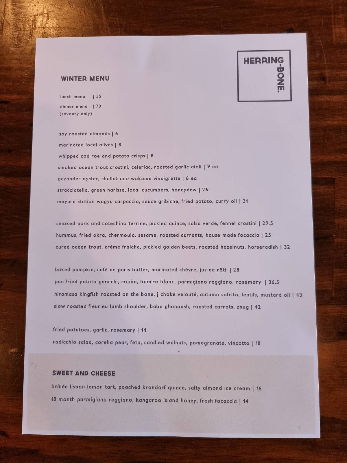 Menu at Herringbone Restaurant, Adelaide