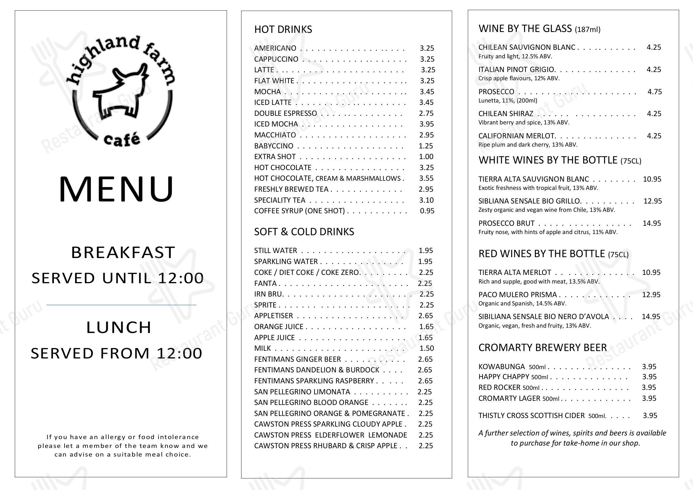Menu at Highland Farm Cafe, Dingwall