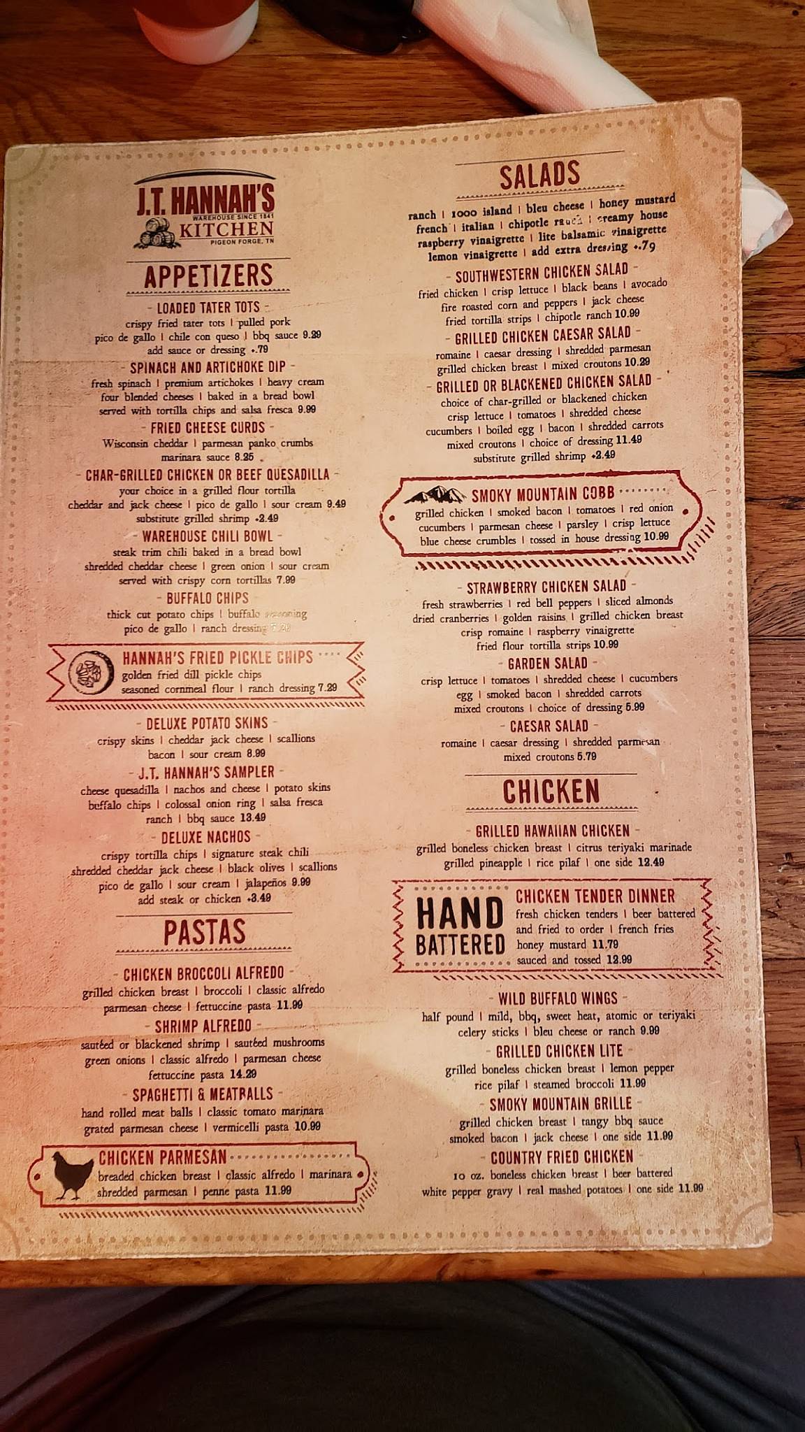 Menu at JT Hannah's Kitchen pub & bar, Pigeon