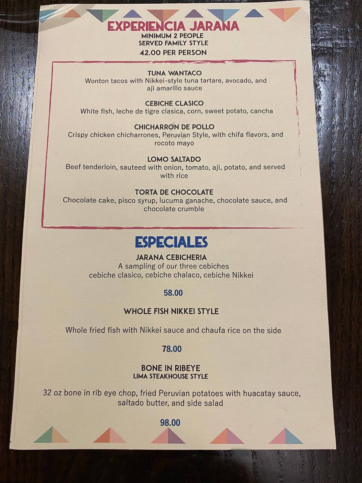 Carta del restaurante Jarana, East Rutherford