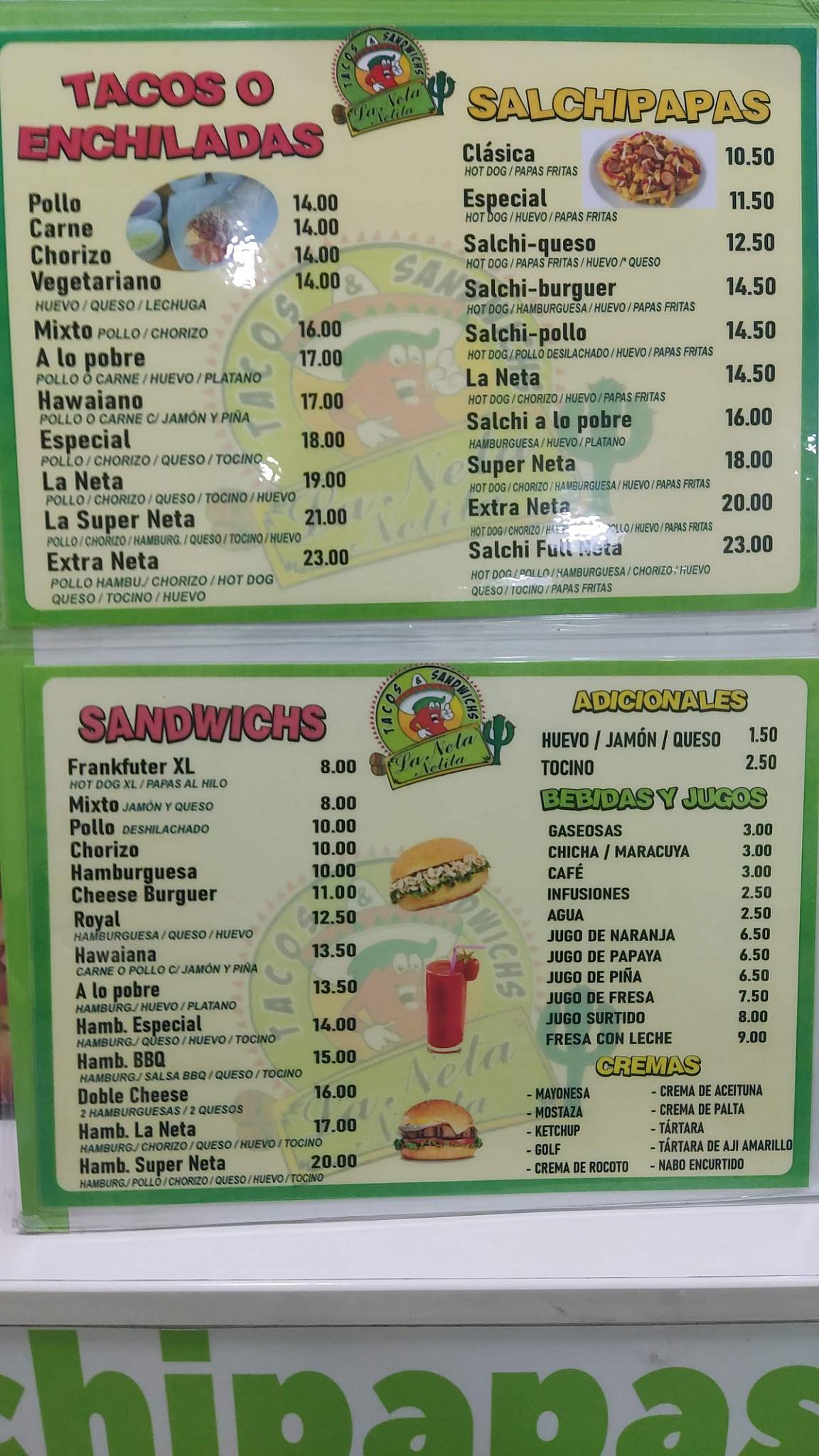 Carta del restaurante Tacos Y Enchiladas La NETA, Jesus Maria