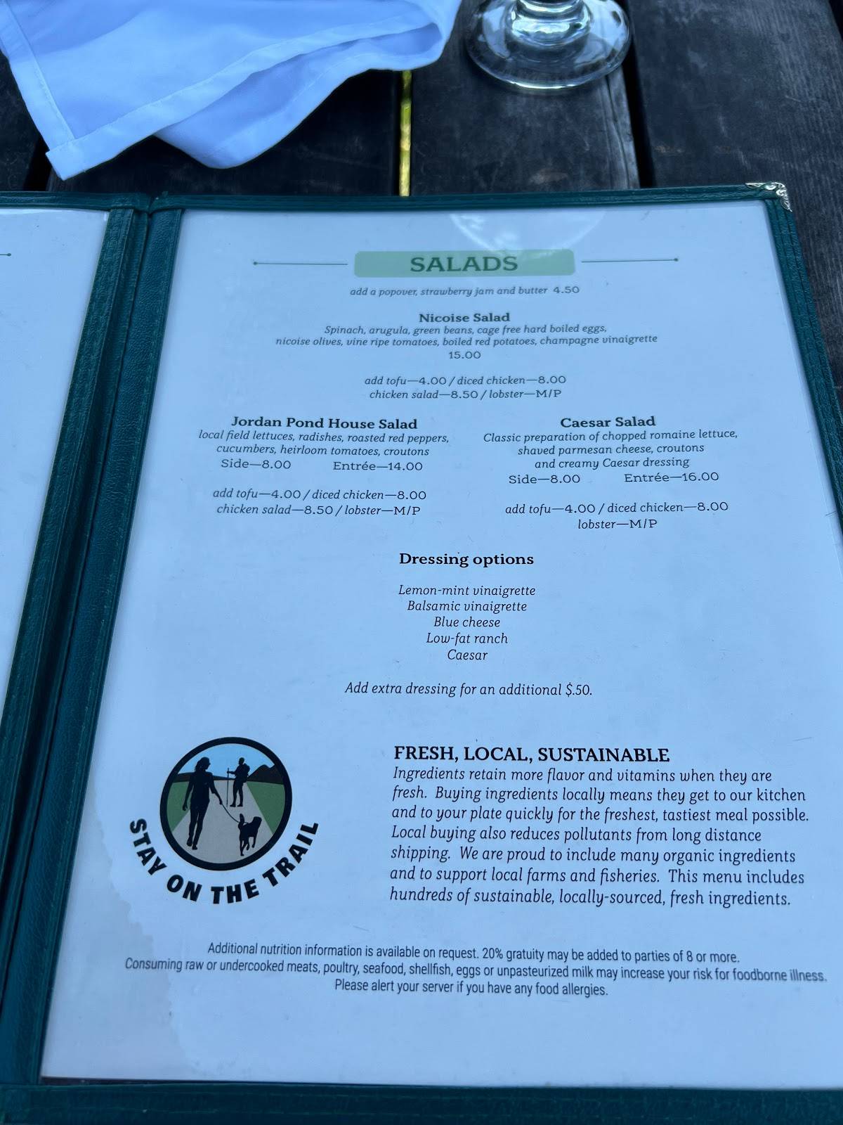 Menu at Jordan Pond House Restaurant, Mount Desert, Park Loop Rd