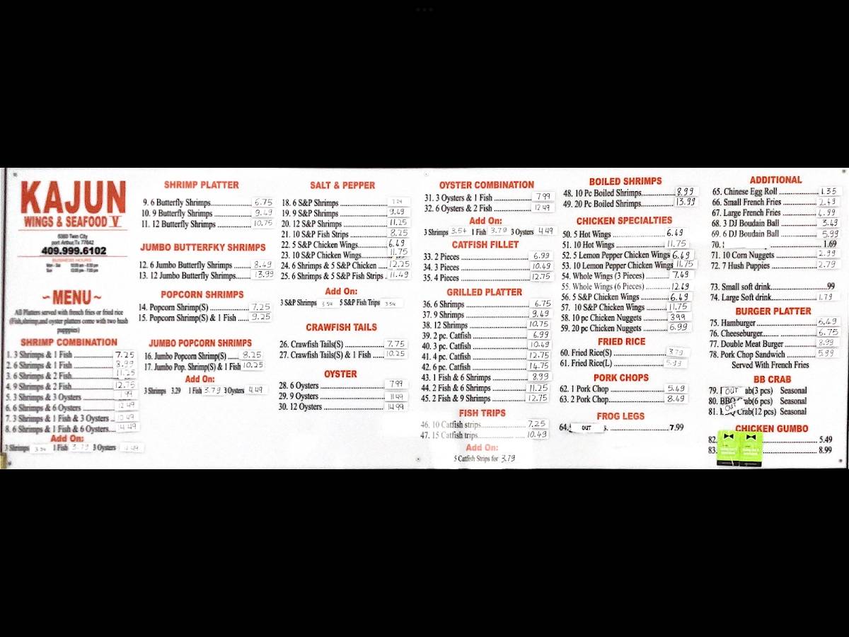 Menu at Kajun Seafood & Wings restaurant, Port Arthur, Twin City Hwy