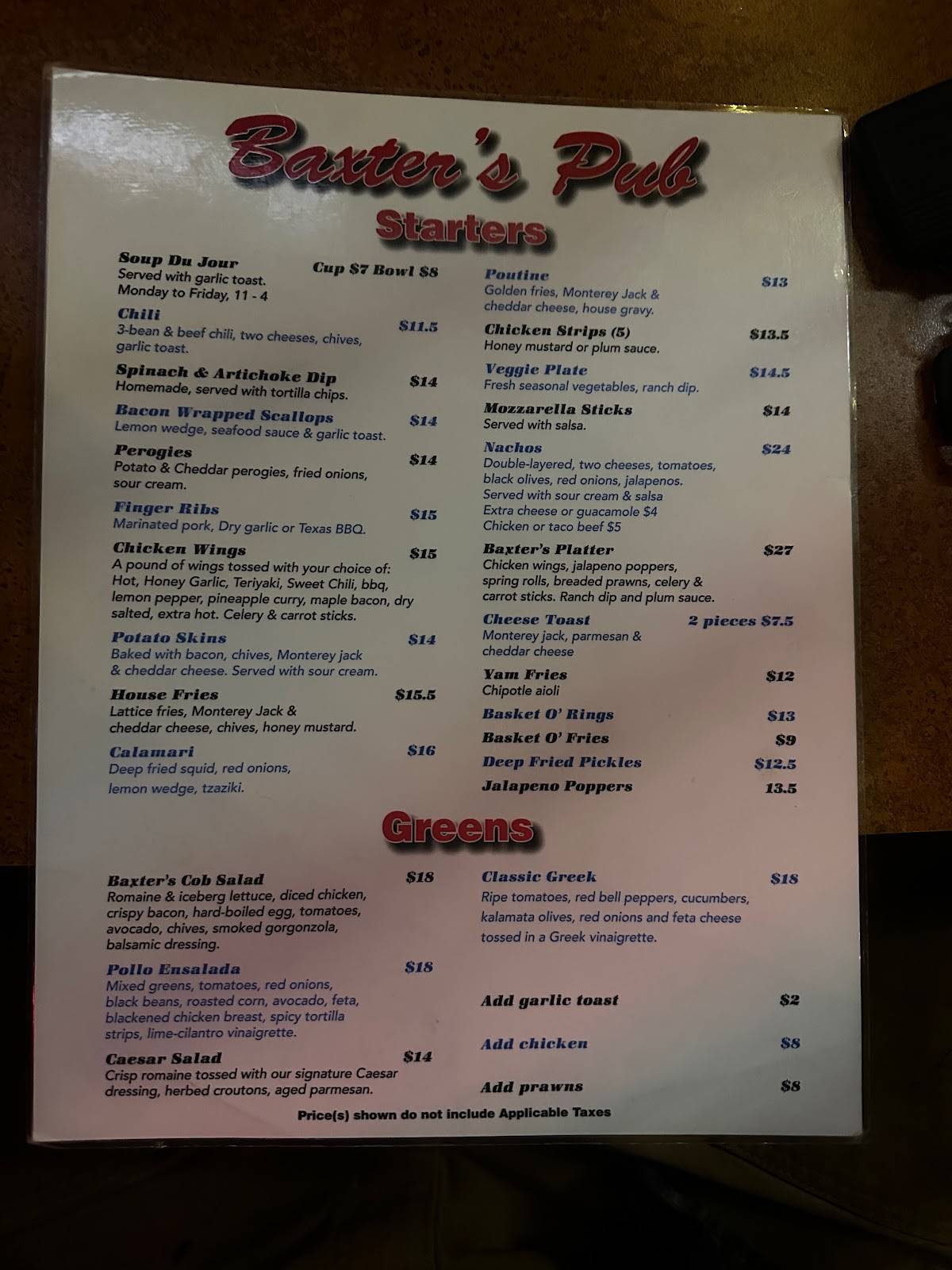 Menu at Baxter's Bar & Grill, Kelowna, Spall Rd