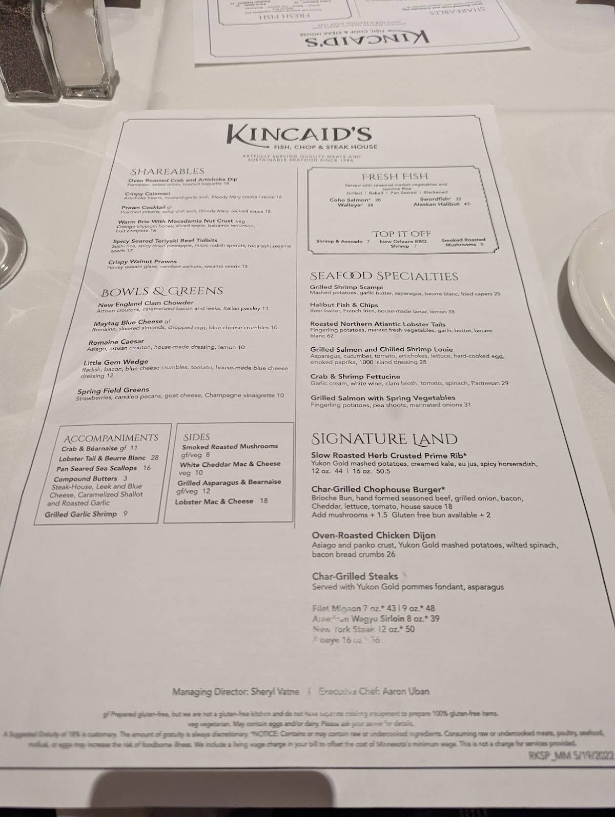 Menu at Kincaid's Fish, Chop & Steakhouse, Saint Paul