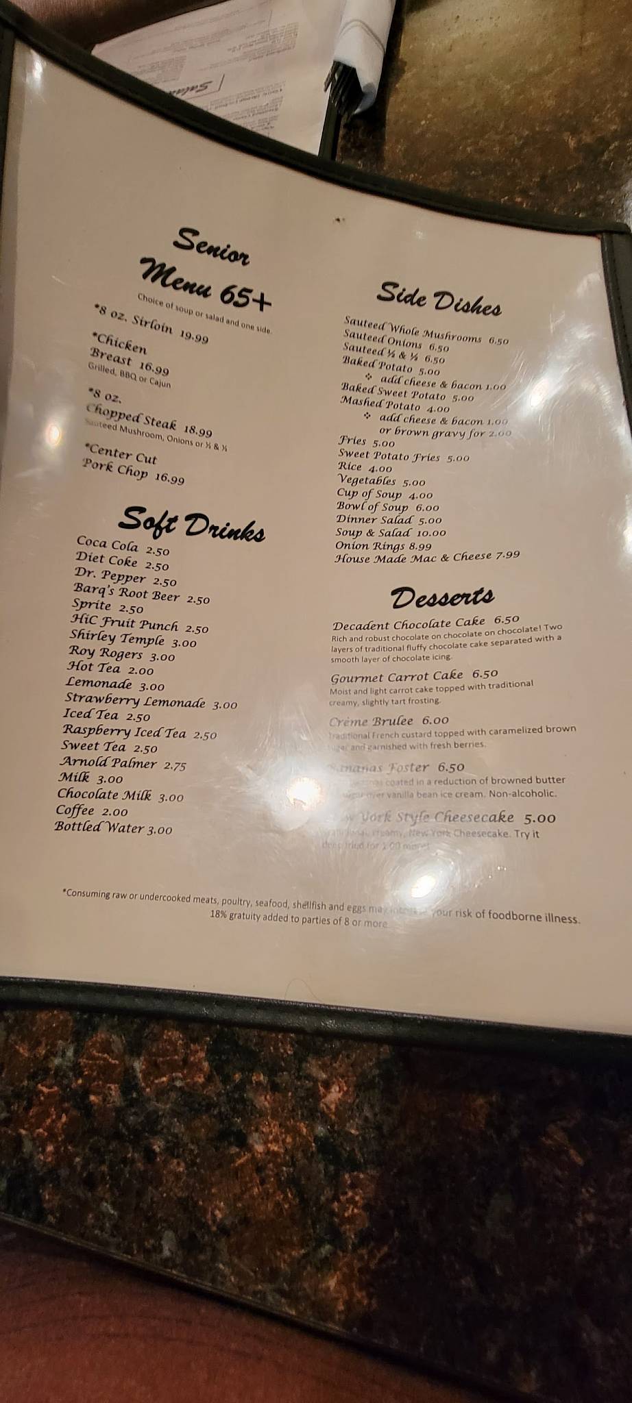 Menu at Kingman Chophouse steakhouse, Kingman